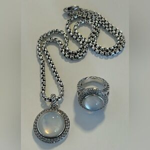 David Yurman Cerise Moonstone Quartz Dome Double Halo Pave Diamond Ring Necklace